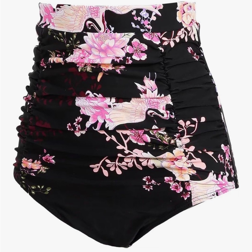 COCOPEAR Women's Ruched High Waisted Bikini Bottom with a black floral pattern